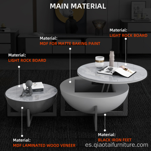 Combinación de mesa de centro con tapa elevable de madera redonda de color gris